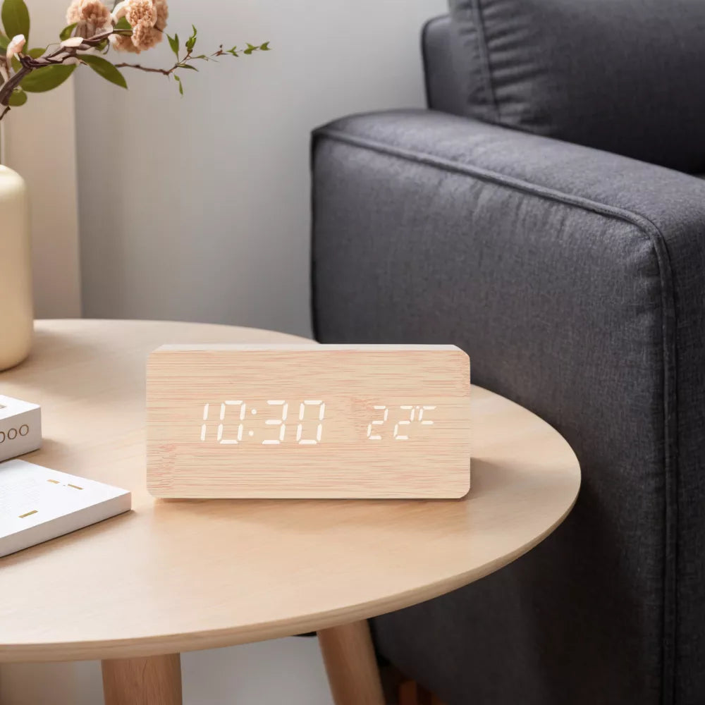 Wood Grain Voice Activated Digital Alarm Clock with Adjustable Brightness